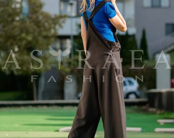 Loose Drop Crotch Black Maxi Women's Overalls/Jumpsuit, Baggy Wide Maxi Legs Plus Size Romper by Astraea