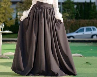 Victorian Inspired Walking Skirt, Full Circle Long Skirt, High-Waisted Black Formal Skirt, Plus Size Skirt Pockets, Wide Floor Length Skirt