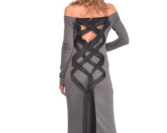 Off Shoulder Dress, Grey Maxi Dress, Cocktail Dress, Black Long Dress, Cotton Dress, Party Dress, Plus Size Clothing, Halloween Dress