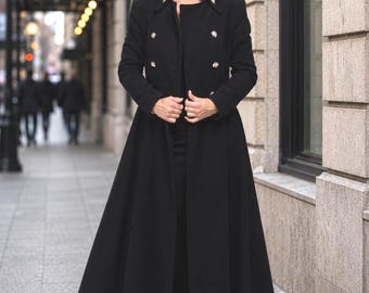 Black Wool Coat, Women Winter Overcoat, Double Breasted Coat, Princess Coat, Victorian Coat, Floor Length Coat, Modest Coat, Plus Size