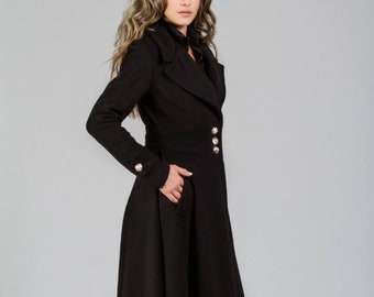 Victorian Winter Military Style Coat, Wool Cashmere Long Overcoat, Black Floor Length Goth Coat,Custom Ladies High-Quality Flattering Jacket