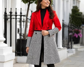 Red Houndstooth Coat for Women ~ Midi Minimalist Elegant Coat in Plus Size ~ Winter and Fall Outerwear