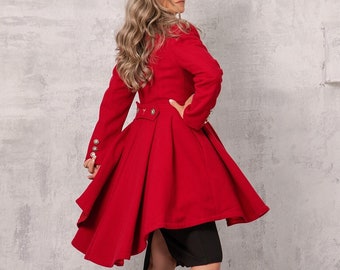 Fit and Flare Swing Coat, Red Princess Dress Coat, Winter Wool Skirted Overcoat, Plus Size Wool Cashmere Custom Coat, Vintage Style Jacket