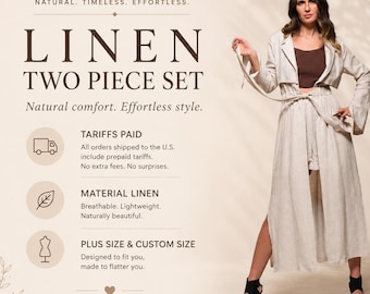 Linen Two Piece Set - High Waisted Shorts Pants & Asymmetric Long Linen Top - Womens Linen Clothing
