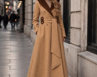 Maxi Winter Coat with Hood, Wool Coat for Women, Hooded Coat with Belt, Floor Length, Long Princess Coat, Plus Size Overcoat,Warm Cozy Coat