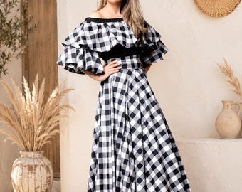 Black and White Tartan Dress, Wedding Guest Dress, Summer Style, Boho Plaid Dress, Ruffle Sleeve, Womens Clothing, Mediterranean Clothing