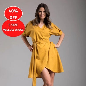 40% OFF SALE, Size S Yellow Linen Dress, Wrap Dress, Midi Dress, Linen Clothing, Belted Dress, Soft Linen Dress, Mustard Dress Women