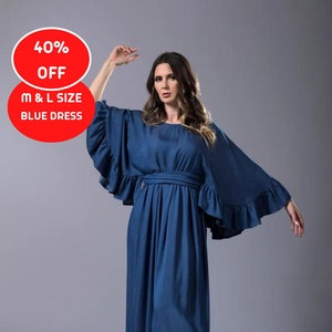 40% SALE Size M,L Loose Maxi Summer Dress with Belt, Wedding Guest Dress, Comfortable Dress,Ruffle Sleeve Dress,Plus Size Clothing