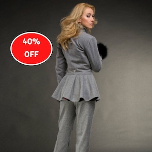 40% SALE, Size S Wool Winter Coat and Pants, Wool Pants, 2 pics set Women Grey Coat, Plus Size Clothing, Overcoat Winter, Boho Coat