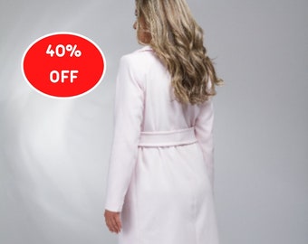 40% SALE M Size Pink Wool Coat, Light Pink Evening Coat, Cashmere Coat, Elegant Coat, Wool Winter Coat, Belted Coat, Plus Size Clothing