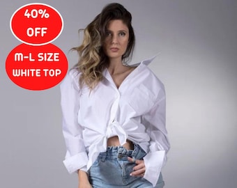 Special 40% OFF, M-L, Women's Cotton Front Tie Shirt, Spring Summer Shirt, Oversize Shirt, Tie Up Blouse,Button Down Shirt, Button Up Blouse