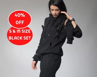 40% SALE, Size S Hooded Sweatshirt, Avant Garde Hoodie, Black Women Top, Winter Sweatshirt, Warm Hoodie, Long Sleeve Top, Valentine Gift