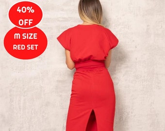 40% Discount, Cyber Monday Sale, Set in Size M, Bright Red Outfit, Sports Outfit, Red Skirt and Top, Cotton Fleece Set, Valentine Outfit
