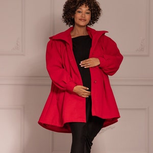 Statement Sleeves Cape Coat - Red Wool Cashmere Jacket, Loose Fitting Coat, Retro Style Overcoat, Winter Maternity Coat,Red Riding Coat