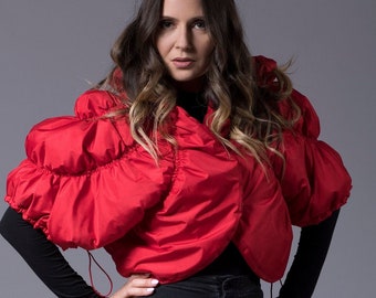 Red Puffer Jacket, Down Jacket, Womens Clothing, Cropped Puffer Jacket, Futuristic Clothing, Avant Garde Clothing, Extravagant Coat, Unique