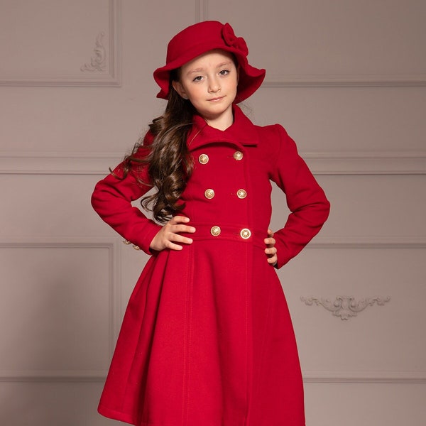 Manteau de fille Fit and Flare - Veste à double poitrine pour enfants, Manteau d’hiver pour filles, Manteau long pour petite fille, Manteau jupe pour enfants, Cadeau fille