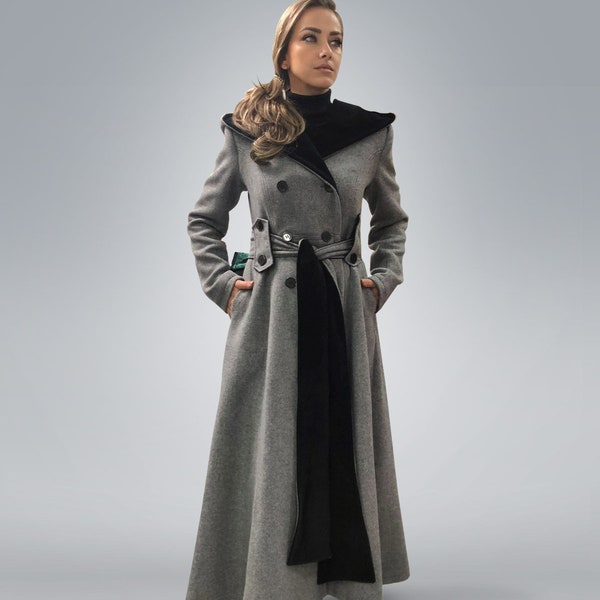 Floor Length Maxi Wool Coat, Long Hooded Winter Overcoat, Plus Size Clothing, Belted Dress Coat with Hood, Gothic Double Breasted Coat