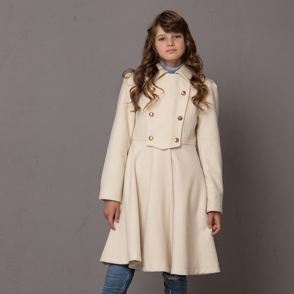 Manteau de patinage blanc ivoire pour junior fille - manteau vintage inspiré, manteau de fille douce, manteau d’hiver pour enfants, manteau cercle pin up junior, cadeau de fille