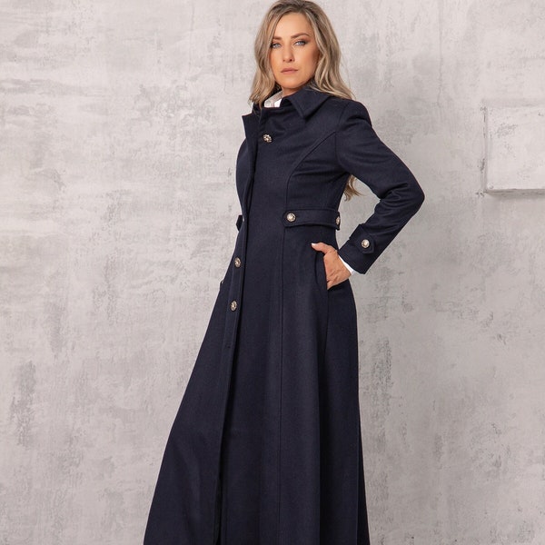 Floor Length Navy Blue Princess Coat, Steampunk Wool Coat, Cashmere Overcoat for Ladies, Long Vintage Inspired Jacket, Woolen Blazer Coat