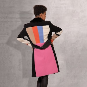 Abrigo de patchwork, abrigo midi, abrigo de lana y cachemira, abrigo funky, abrigo rosa, abrigo extravagante, ropa de mujer, ropa de abrigo de invierno, estilo primaveral