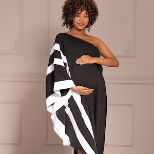 Vestido de rayas asimétricas para fiesta de verano: capa, vestido de embarazo, caftán de verano, hombros descubiertos, talla grande extravagante.
