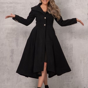 Princess Wool Cashmere Dress Coat, Fit and Flare 1950s Style Overcoat, Winter Fitted Black Coat, High Low Trench Coat, Ladies Custom Coat