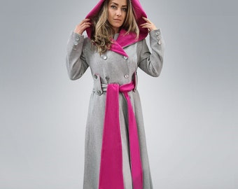 Maxi Plus Size Coat, Full-Length Winter Jacket, Wool Cashmere Lined Long Hooded Coat, Gothic Inspired Gray & Pink Jacket, Tailored Jacket