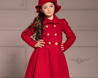 Fit and Flare Girl Coat - Double Breasted Jacket for Kids, Winter Coat Girls, Little Girl Long Overcoat, Kids Skirt Coat, Girl Gift