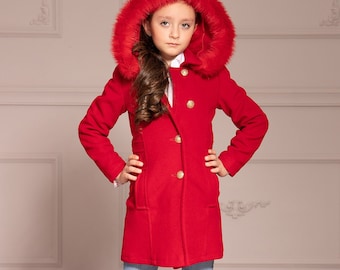 Straight Long Hooded Wool Girl Coat in Bright Red Color - Little Girl Custom Winter Overcoat, Elegant Kids Coat, Warm Girl Jacket with Hood