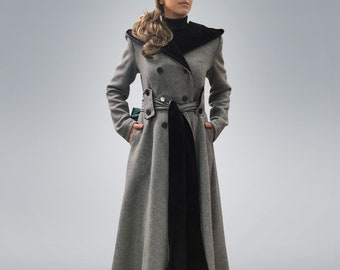 Floor Length Maxi Wool Coat, Long Hooded Winter Overcoat, Plus Size Clothing, Belted Dress Coat with Hood, Gothic Double Breasted Coat