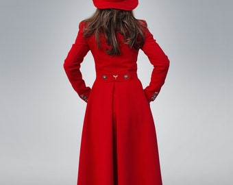 Red Mantel Coat, Fit and Flare Victorian Overcoat, Floor Length Dress Coat, Long Wrap Winter Jacket, Custom Made Plus Size Princess Coat