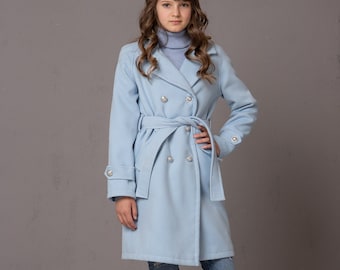 Winter Junior Overcoat in Sky Blue Color - A-Line Girl Coat, Wool Jacket Junior, Kids Warm Coat, Solid Color Coat for Girl, Gift for Junior