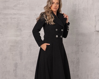 Winter Gothic Coat, Princess Coat, Wool Warm Coat, Black Winter Coat, Victorian Clothing, Winter Style, Floor Length Coat, Black Maxi Coat