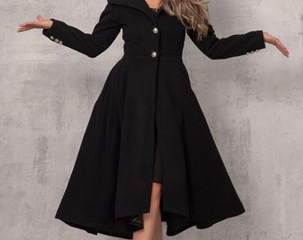 Princess Wool Cashmere Dress Coat, Fit and Flare 1950s Style Overcoat, Winter Fitted Black Coat, High Low Trench Coat, Ladies Custom Coat