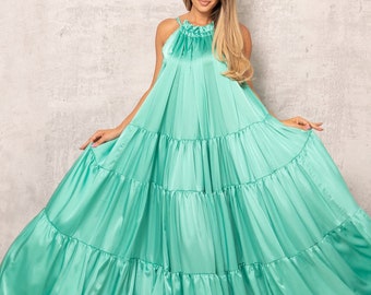 Maxi Satin Kaftan Dress, Plus Size Halter Dress, Green Flounce Dress, Beach Wedding Guest Dress, Emerald Sundress, Silk Touch Long Dress