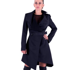 Asymmetrical Coat, Wool Coat, Extravagant Coat, Black Coat, Trench Coat, Women Coat, High Collar Jacket, Black Raincoat, Futuristic Clothing