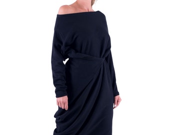 Sweater Dress, Off Shoulder Dress, Asymmetric Dress, Plus Size Clothing, Loose Fit Gathered Dress, Black Dress Women, Long Sleeve Dress