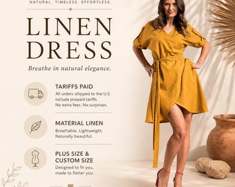 Custom Wrap Dress, Linen Sundress, Womens Clothing, Cottagecore Dress, 1950s Dress, Wedding Guest Dress, Mustard Yellow Dress, Summer Style