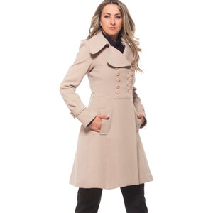 Wool Winter Coat, Cashmere Lapel Coat, Beige Coat, Elegant Coat with Buttons, Women's Wool Coat with Pockets, Short Coat, Knee Length Coat