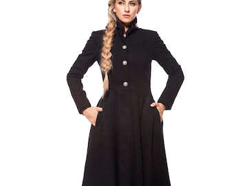 Floor Length Coat, Long Wool Coat, Black Gothic Coat, Winter Fitted Maxi Coat, Victorian Thick Coat, Wool Cashmere Coat Dress,Plus Size Coat