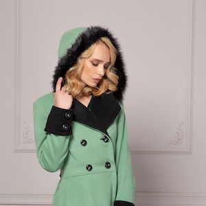 Hooded Feminine Fit and Flare Warm Winter Jacket Coat, Colorful Dress Coat for Ladies, Cottagecore Stylish Flattering Jacket with Buttons