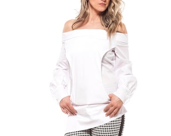 White Off the Shoulder Long Sleeve Cotton Top/Shirt/Blouse, Loose Designer Cut, Cold Weather for Women, Plus Size Available