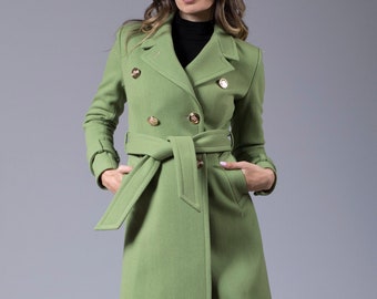 Custom Wool Designer Green Coat with Belt, Lined Plus Size Winter Coat, Short Knee Length Jacket, Petite Clothing, Soft Wool Trench Coat
