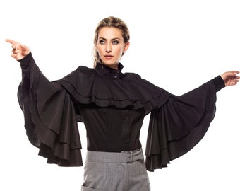 Hand Tailored Top, Victorian Blouse Woman, Bell Sleeves Top, Womens Clothing, Plus Size Clothing, Mid Century Modern, High End Womenswear