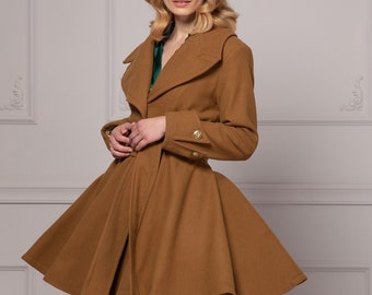 Khaki Coat, Skirted Coat, Structured Coat, Retro Coat, 30s Clothing, Plus Size Coat, Swing Coat, Winter Trench Coat, Wool Clothing, Winter