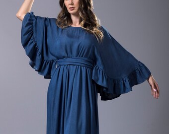 Loose Maxi Summer Dress with Belt, Holiday dress, Wedding Guest Dress,Comfortable Dress,Ruffle Sleeve Dress,Elegant Dress,Plus Size Clothing