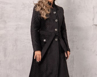 Double Breasted Coat, Women Wool Coat, Knee Length Elegant Coat, Coat With Pockets, Plus Size Clothing,Black Wool Coat,Velvet Coat For Women
