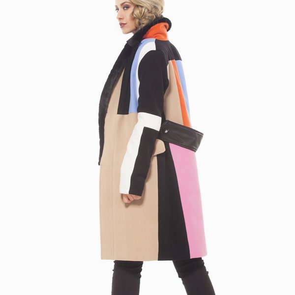 Maxi Color Block Coat, Winter Wool Cashmere Coat, Colorful Overcoat with Belt, Plus Size Clothing, Custom Made Vintage Inspired Jacket Coat