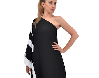 Plus Size Dress, Maxi Dress, Striped Dress, Oversize Dress, Asymmetric Dress, Black And White Dress, Extravagant Dress, One Shoulder Dress