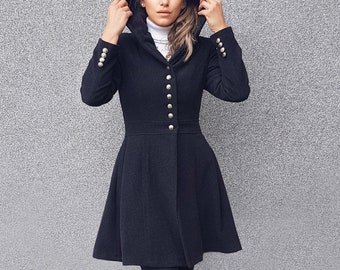 Hooded Wool Princess Coat, Military Style Dress Coat, Winter Jacket with Back Ribbon, Victorian Inspired Plus Size Overcoat, Flared Coat